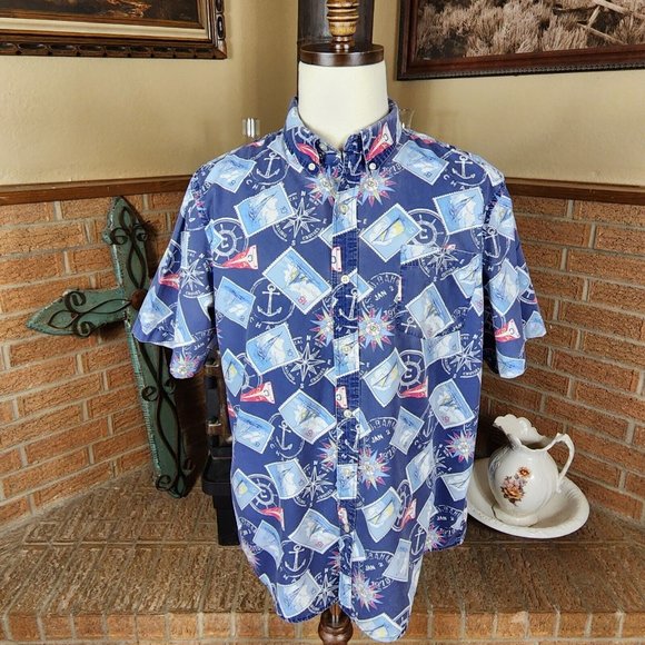 Chap's Nautical Themed Button Down Shirt Short Sleeve Size XL - Picture 2 of 5